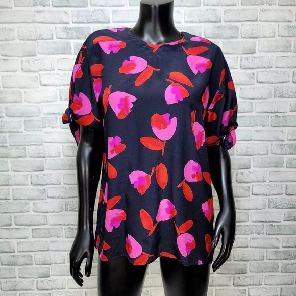 Vintage 80s Escada 40 Silk Pink Tulip Pattern Puff Tie Sleeve Blouse &‎ Scarf - Picture 1 of 9